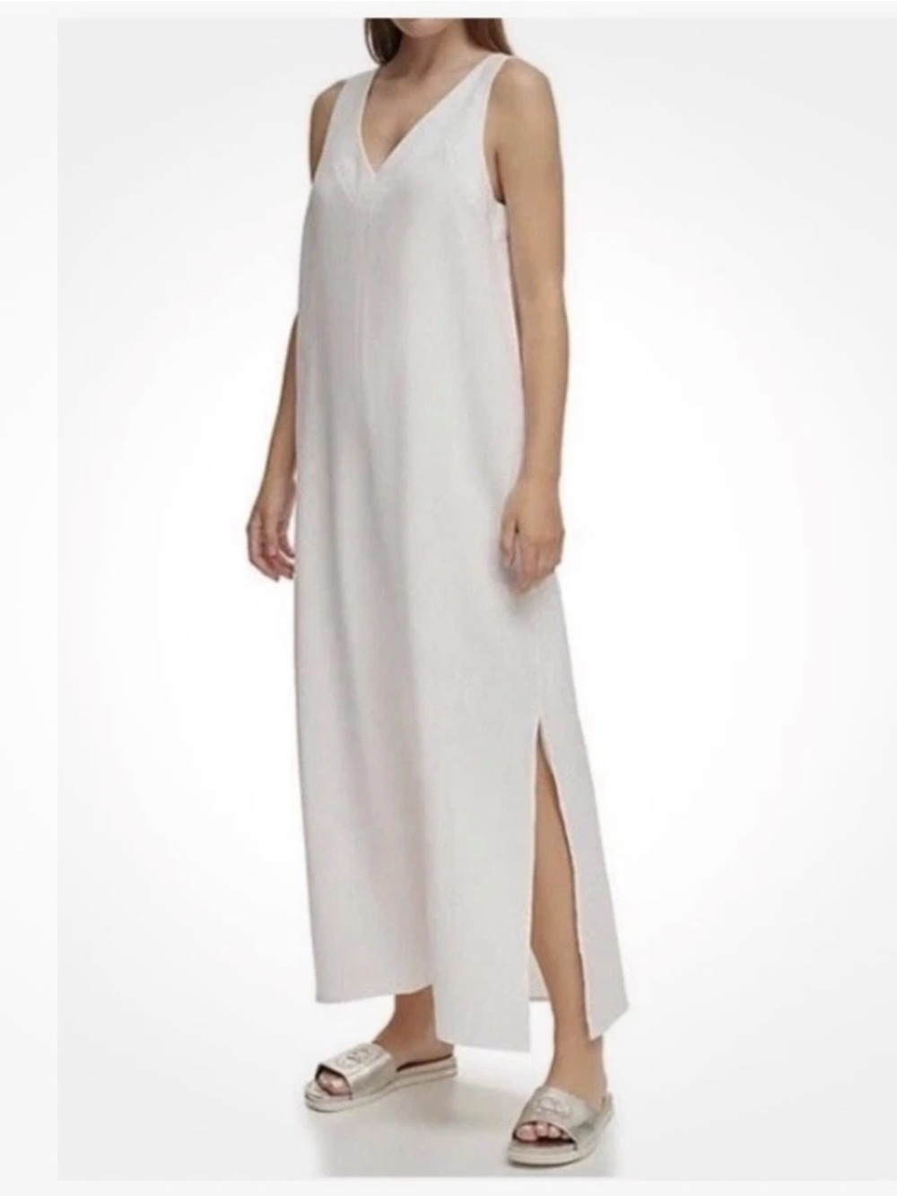 DKNY Pure White Linen Blend Dress V Neck Side Slit Women's Resort Vacay Sz XL